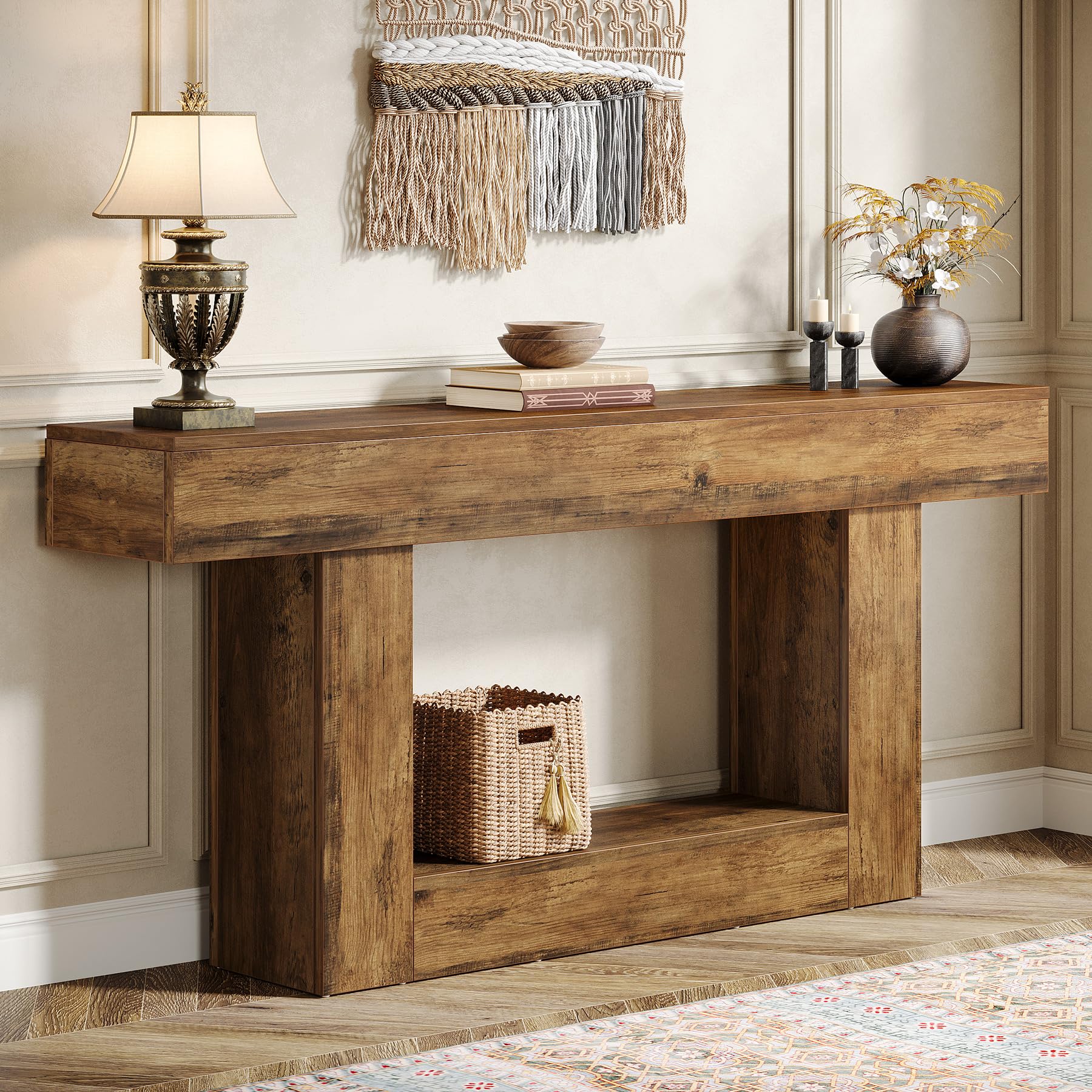 Photo 1 of ****used missing parts***Tribesigns 63" Console Table, Farmhouse 2-Tier Entryway Table with U-Shaped Base, Narrow Long Wood Sofa Table Behind Couch Table for Living Room, Hallway, Foyer, Vintage Brown
