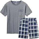 MoFiz Mens Pajamas Set Summer Pjs Sleepwear Short Sleeve Shirt and Shorts Lightweight Soft Loungewear with Pockets S-3XL