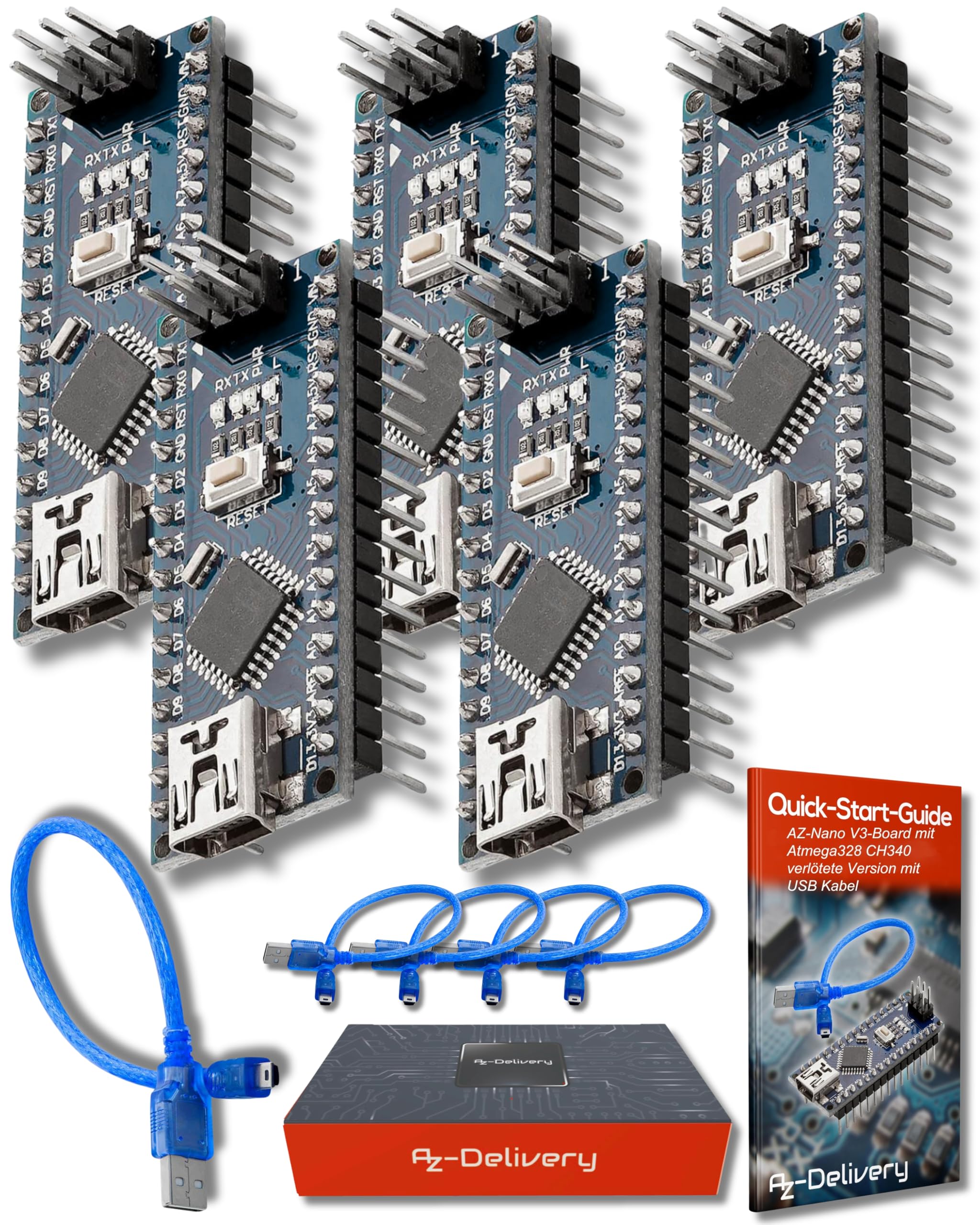AZDelivery 5 x Mini AZ-Nano V3-Board ATmega328P Micro Controller Board ATmega328 5V 16MHz CH340 with Mini USB Cable, Including E-Book! — image 1
