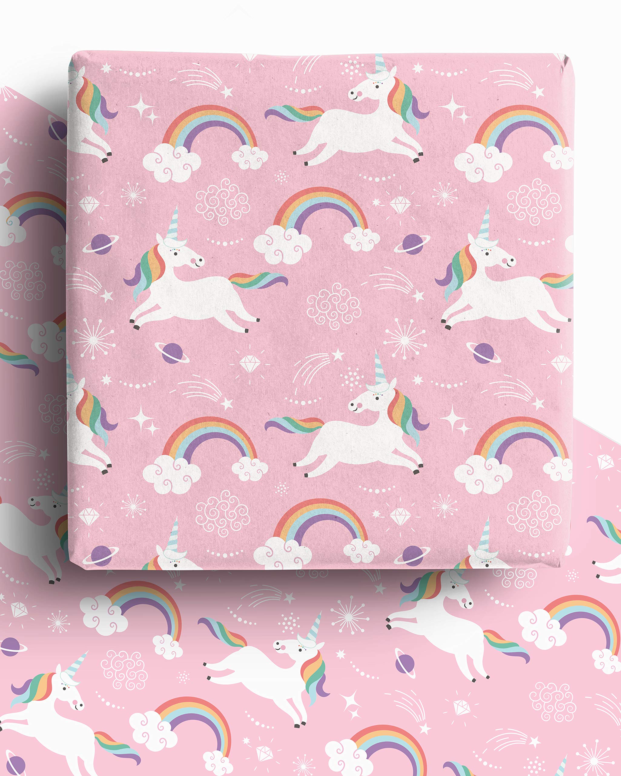 4 x Pink Rainbow Unicorn Kids Eco Wrapping Paper Sheets - Premium Recyclable Gift Wrap with Unicorns and Rainbows Perfect for Birthday, New Baby Girl and more.