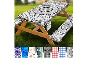 WRAKUS Fitted Picnic Table Cover with Bench Covers Vinyl Waterproof Elastic Edges Fitted Rectangle Tables Patio Tablecloth Camping Gear and Essentials Rv Accessories Road Trip Supplies Car Travel Must Haves