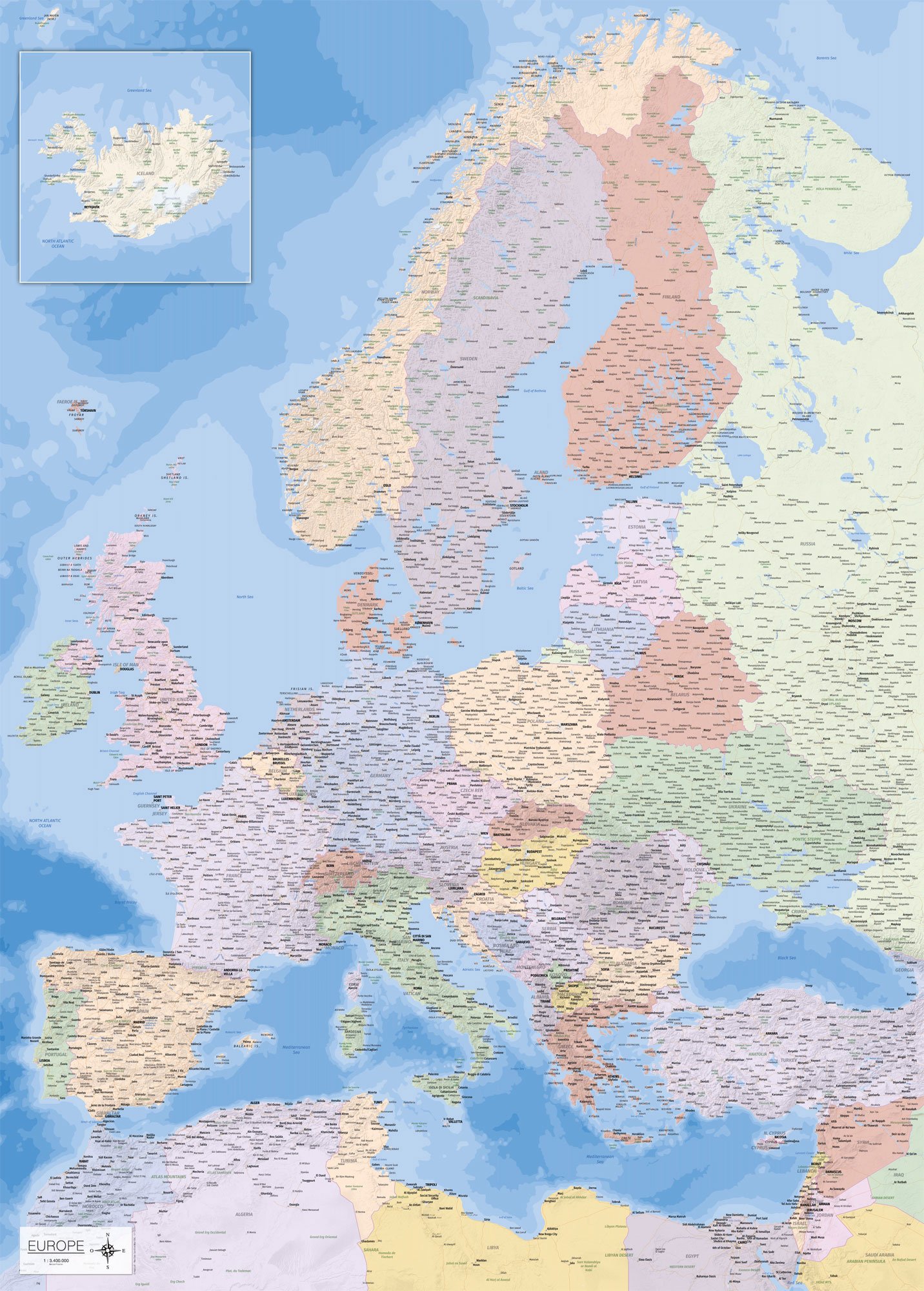 Map Giant XXL Poster - Map of Europe - Educational Poster 1:34 Million - Size 100 x 140 cm
