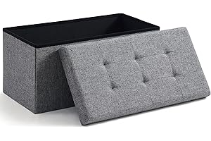 Ornavo Home Foldable Tufted Linen Large Storage Ottoman Bench Foot Rest Stool/Seat - 15" x 30" x 15" (Grey)