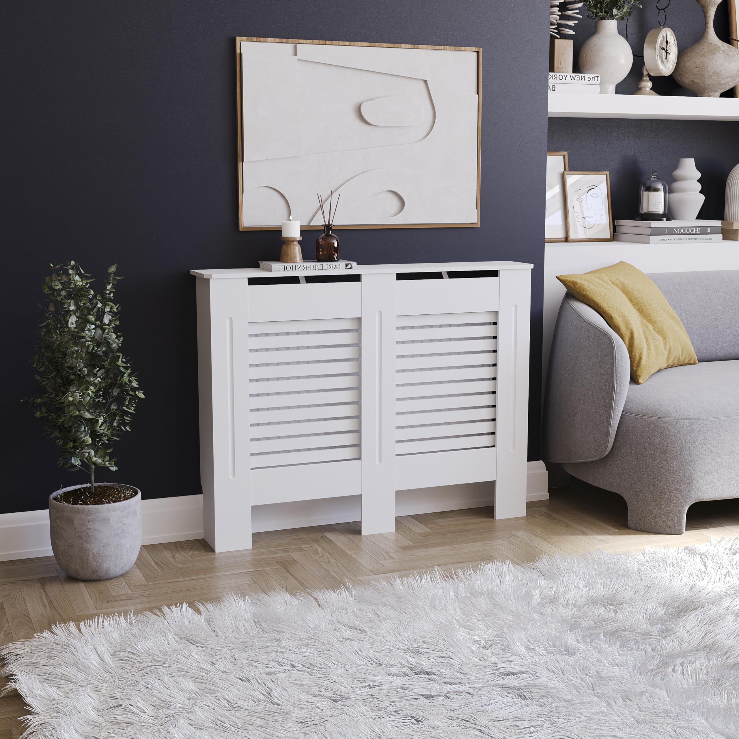 Vida Designs Milton Radiator Cover White - Medium - Modern Horizontal Slat Design For Optimal Heat Circulation - H82xW111xD19cm - Painted MDF Cabinet Ideal For Living Room & Hallway