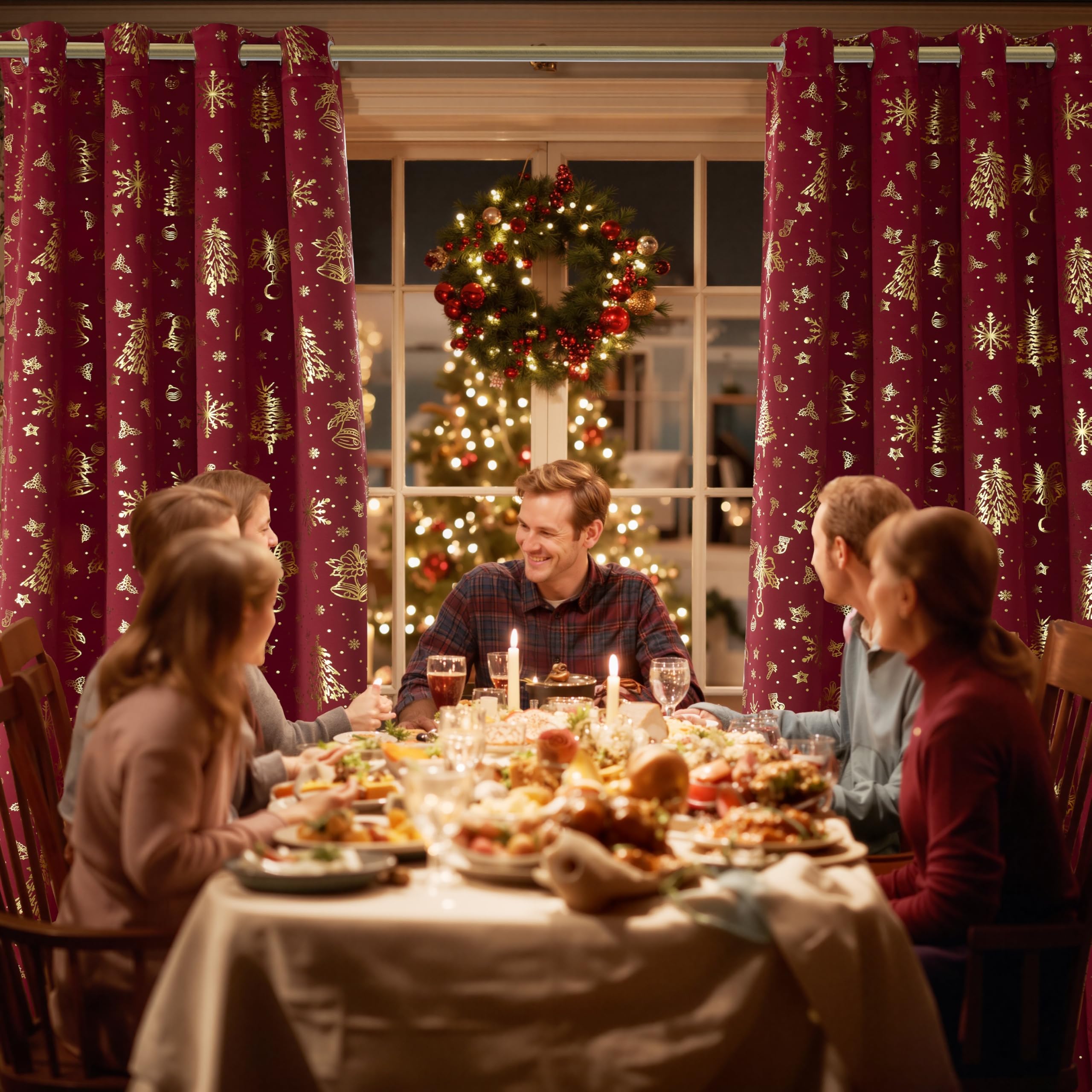 NICETOWN 2 Christmas Red Curtains 52 x 90 Inch, Gold Stamping Grommet Drapes, Holiday Style Window Treatment Panels for Living Room Bedroom Decoration, Festive Christmas Decor Image