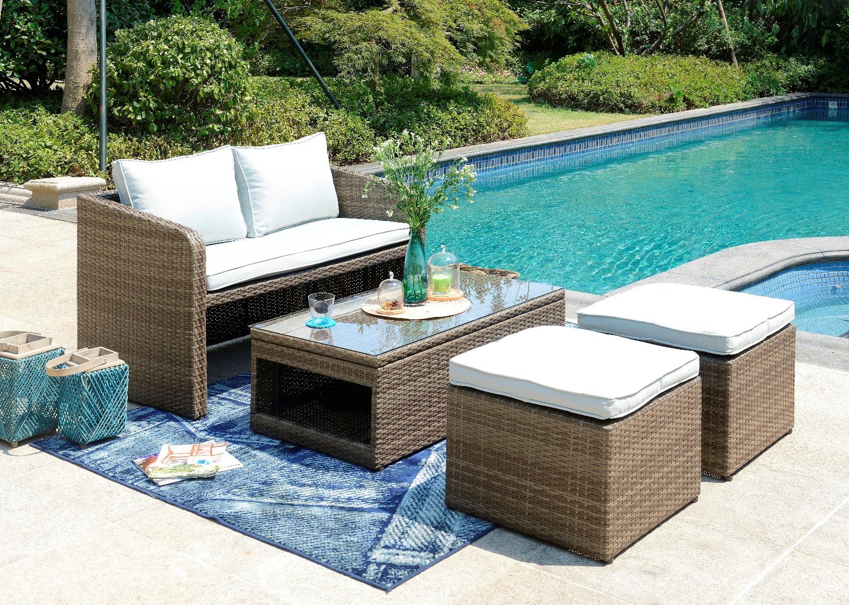 Garden Sofa Set 4pcs Rattan Furniture - Storage Lift-Top Coffe Table/ Loveseat / 4 Seater