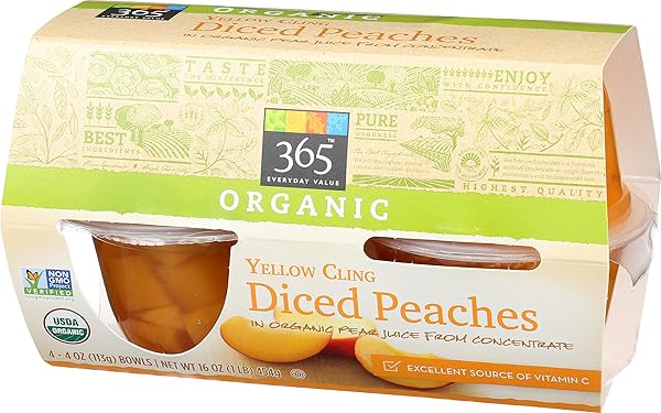 365 EVERYDAY VALUE, ORGANIC YELLOW CLING DICED PEACHES IN ORGANIC PEAR JUICE FROM CONCENTRATE, 4 OUNCE, 4 COUNT