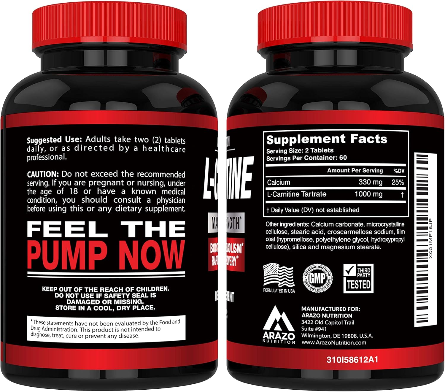 Super Strength L-Carnitine 1000MG Servings Plus Calcium for Boosted Metabolism and Improved Muscle Gain - Arazo Nutrition USA: Health & Personal Care