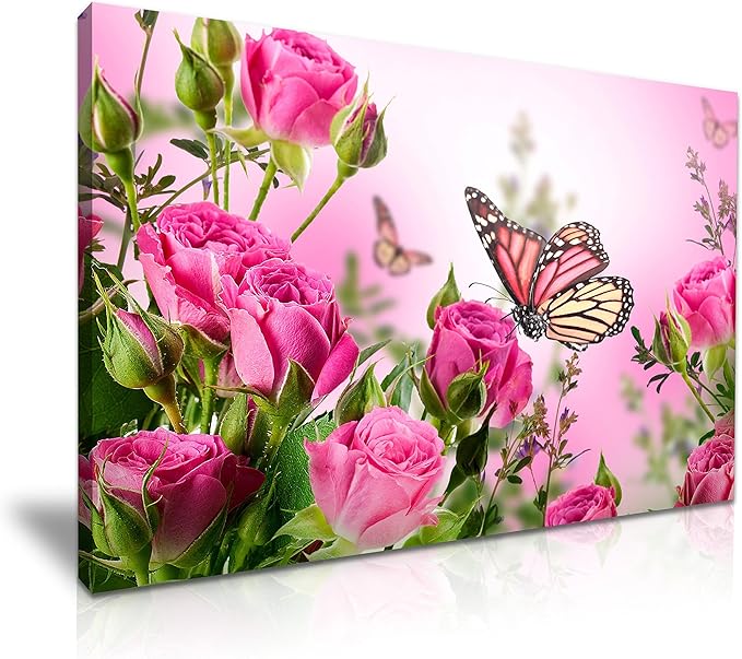 Pink Butterfly Rose Flower Canvas Wall Art Picture Print Decoration