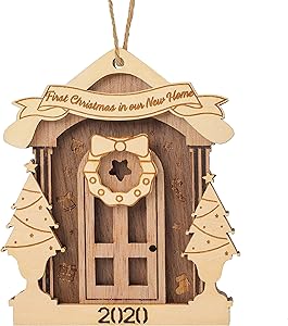 Creawoo First Christmas in Our New Home, Wooden Christmas Ornament, Door with Wreath and Ribbon Hanging Decoration Gift, 2020 Housewarming Present for Newlywed Couples