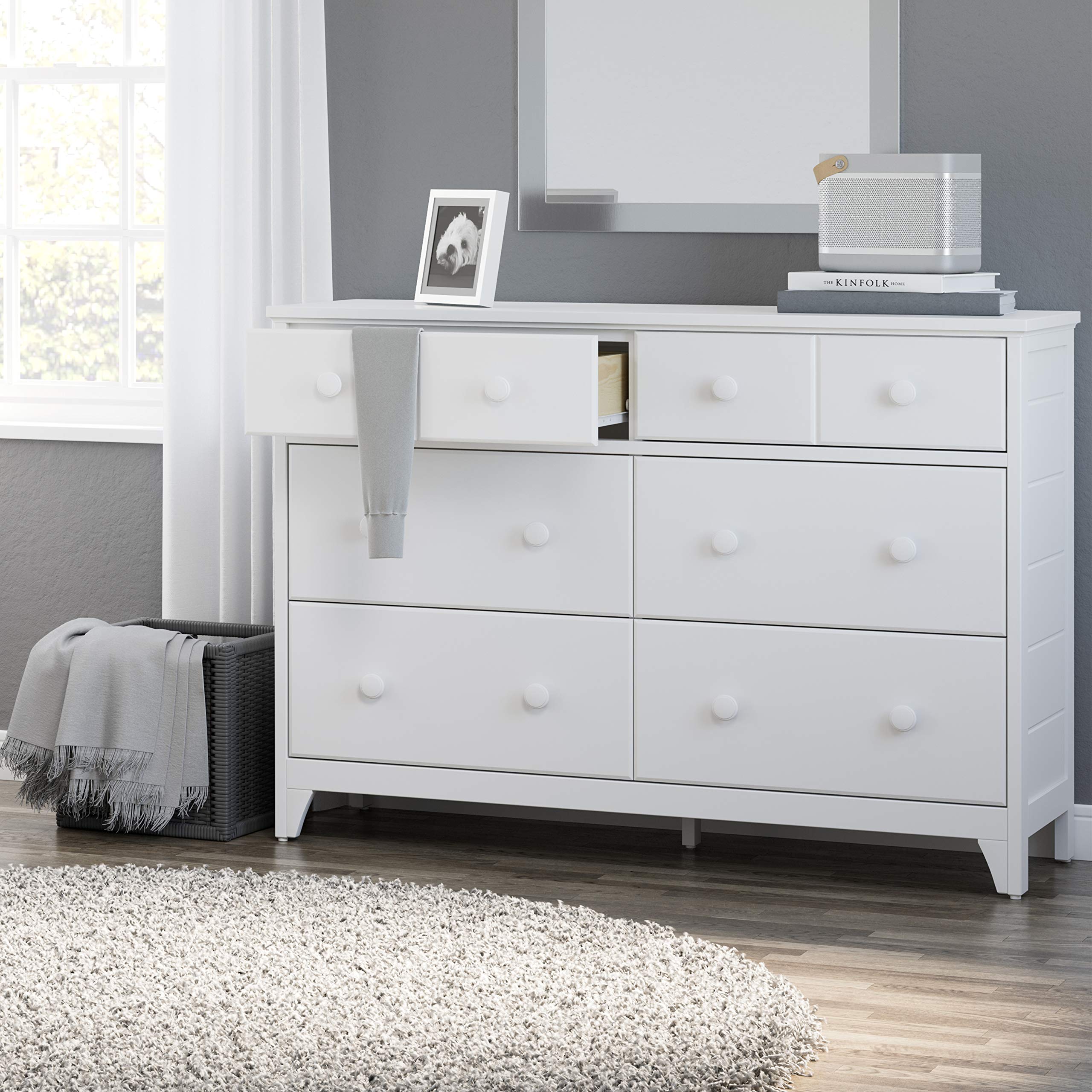Storkcraft Moss 6 Drawer Universal Double Dresser (White) - Bedroom Furniture Storage, Modern Farmhouse Style, Sturdy and Durable Wood Construction, 6 Deep Spacious Drawers, Steel Hardware