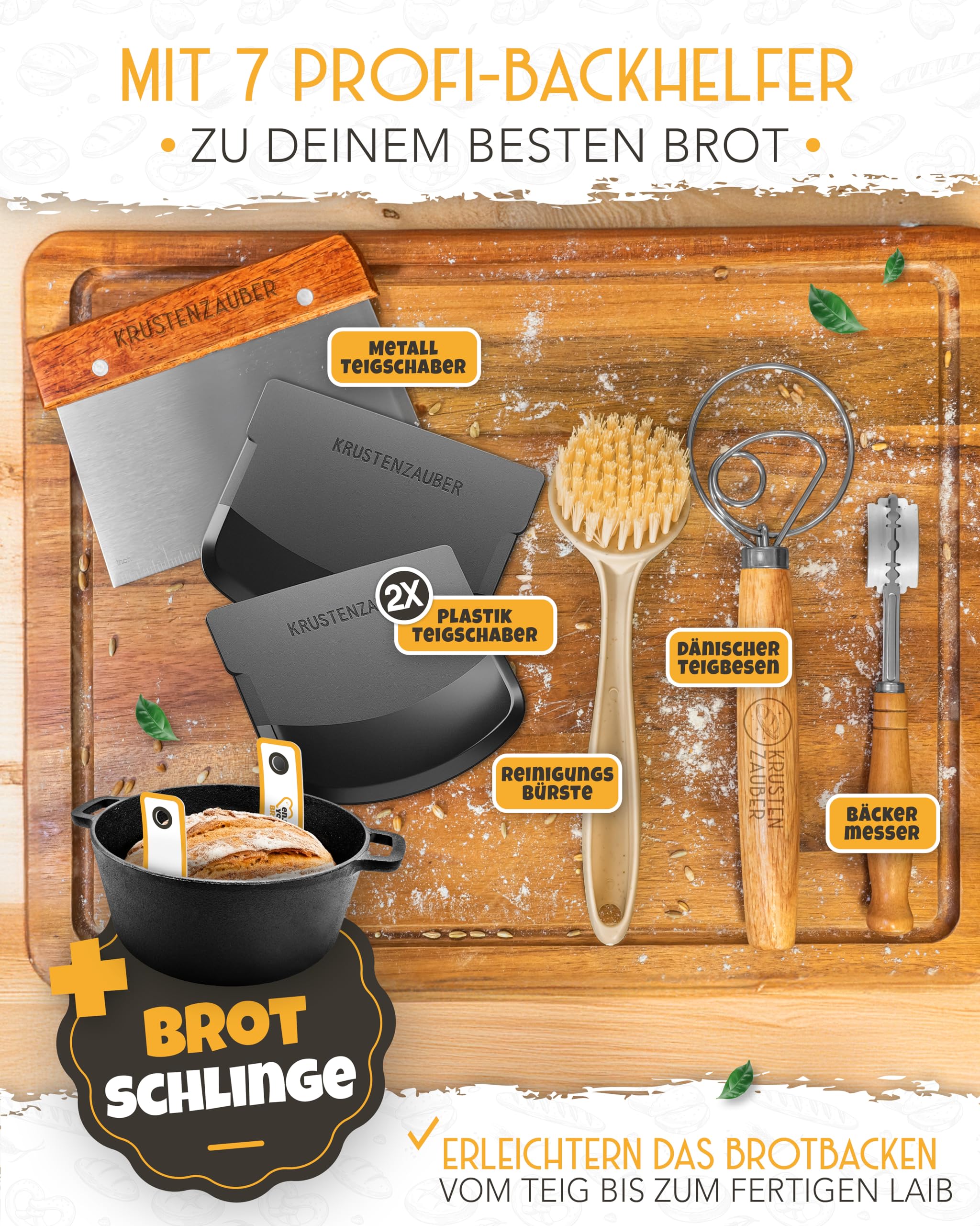 KRUSTENZAUBER Gusseisen Topf Brot Backen im XXL Set - Brotbackform mit Deckel inkl. Gärkorb, Schneebesen, Bäckermesser, Teigschaber, Brotschlinge und mehr - Perfektes Brotbacktopf Set für Anfänger 5