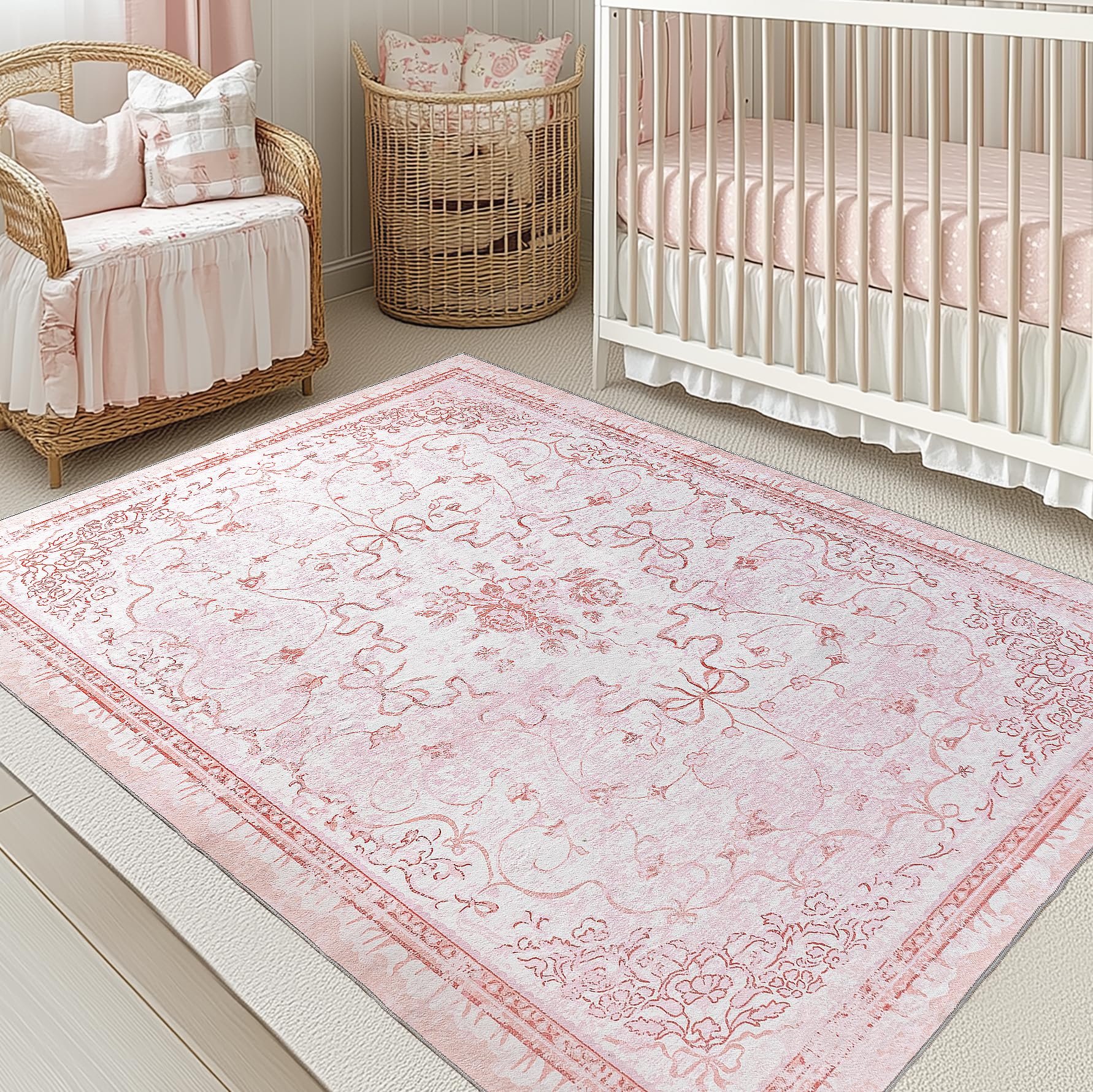 Photo 1 of Pink Rug for Nursey Girl Bedroom 5x8 - Cute Bow Coquette Room Decor for Teen Girls Aesthetic,Washable Light Pink and White Cottage Core Floral Scalloped Rug for Dorm Room College Students Playroom
