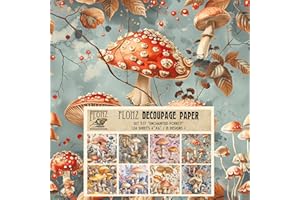 FLONZ Decoupage Paper Pack (24 Sheets 6"x6") Enchanted Forest: Rococo Mushroom Illustrations with Autumn Leaves and Berries in Soft Vintage Colors # Vintage Styled Paper for Craft and Scrapbooking