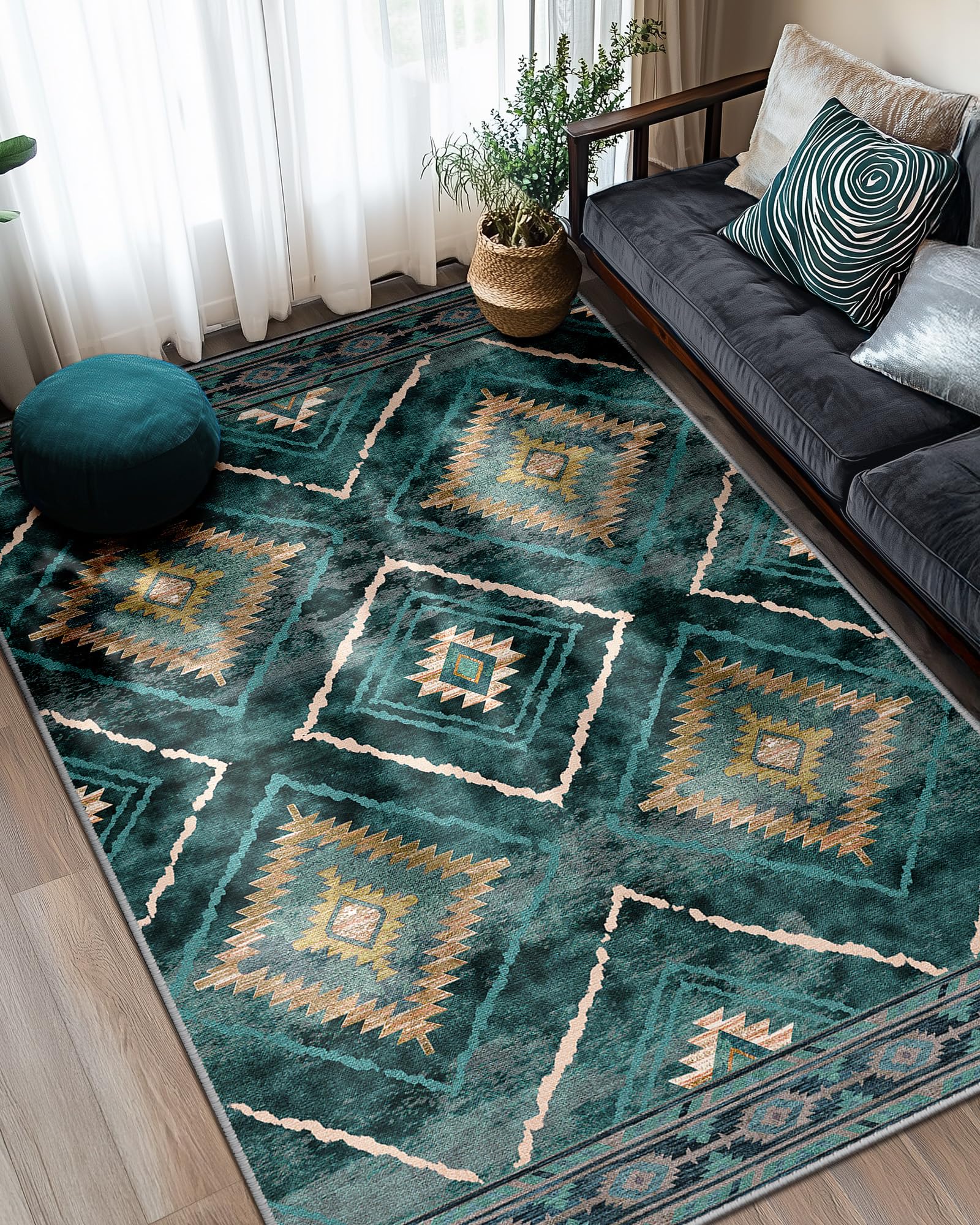 Photo 1 of Area Rug 5x7 Rug Machine Washable Non-Slip Low Pile Print Pattern Western Rug for Living Room Bedroom Entryway Tribal Series -Teal/Green