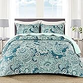 Whale Flotilla Reversible Printed Quilts Queen Size, Extra Soft Boho Paisley Floral Bedspreads for Bed Lightweight Full Queen Quilt Bedding Set Coverlets with 2 Pillow Shams for All Seasons, Turquoise
