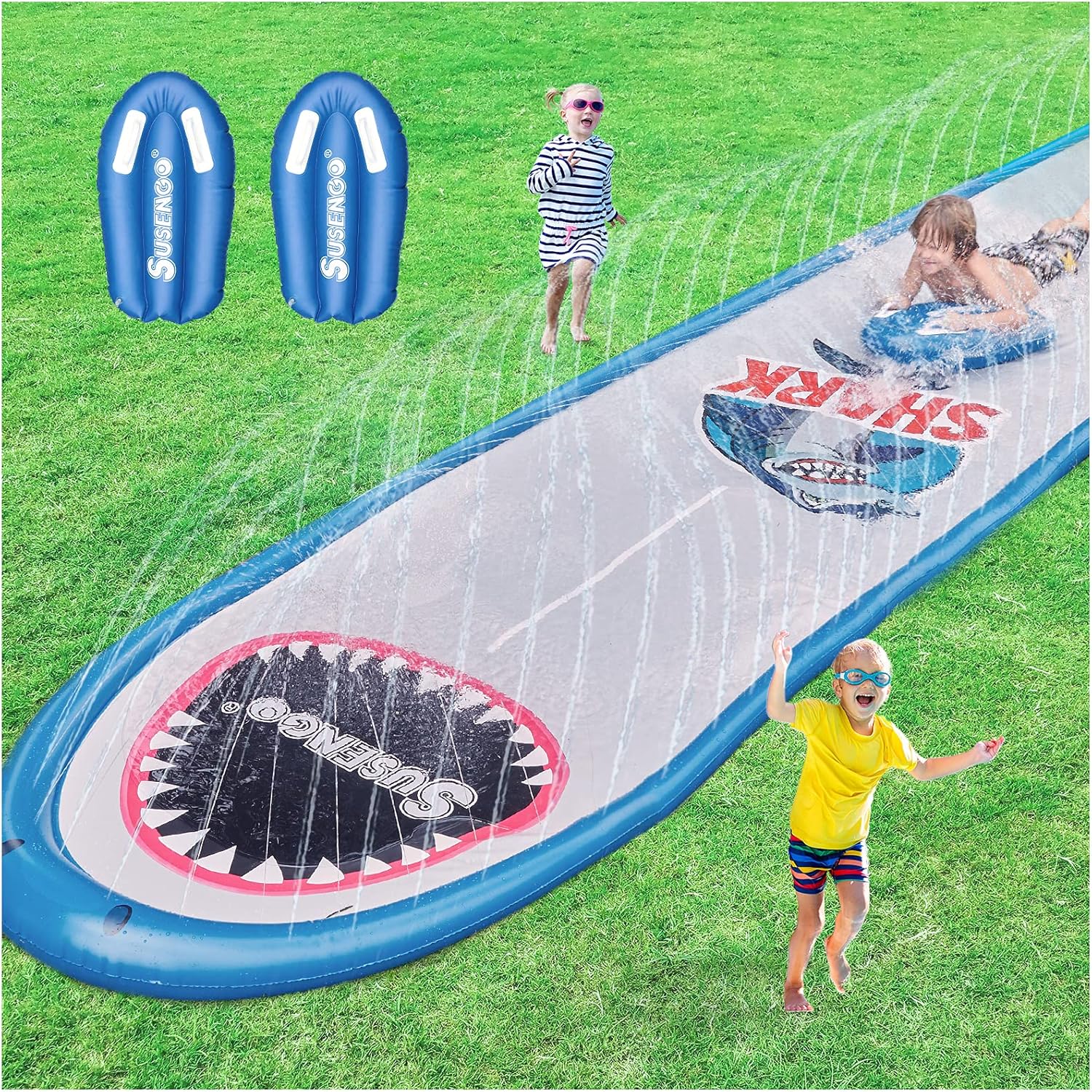 SuSenGo Slip and Slide for Kids - Lawn Water Slides Inflatable Shark Crash Pad and Around Spray Channel for Races Outdoors(15.7ft): Toys & Games