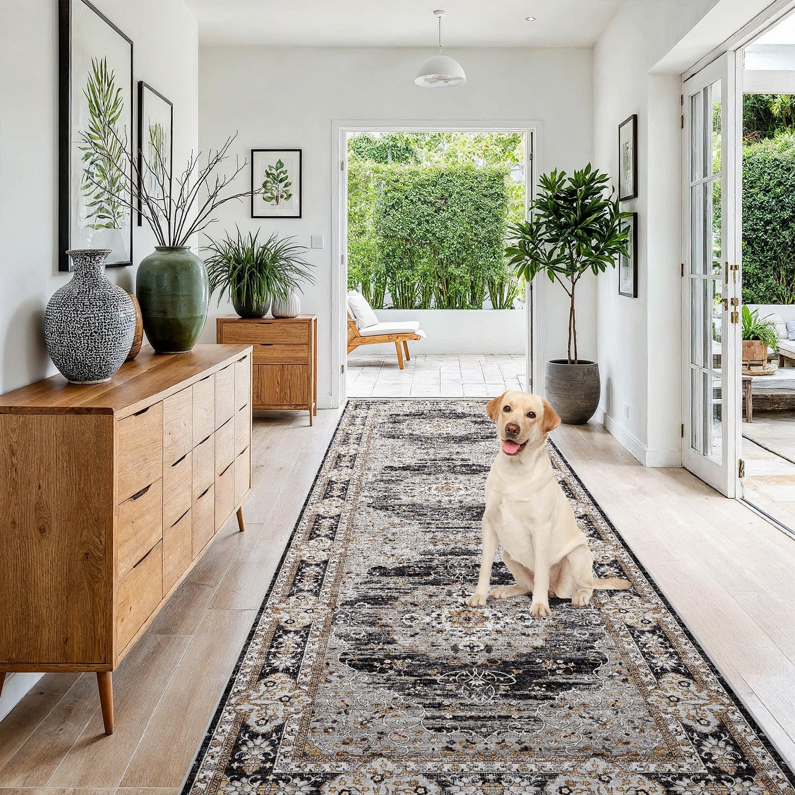 4x10 Runner Rug for Hallway Washable: Non Slip Kitchen Rugs with Rubber Backing Soft Waterproof Wide Mats Stain Resistant Low Pile Carpet for Entryway Bedroom Bathroom Laundry Home Decor Black/Gray Image