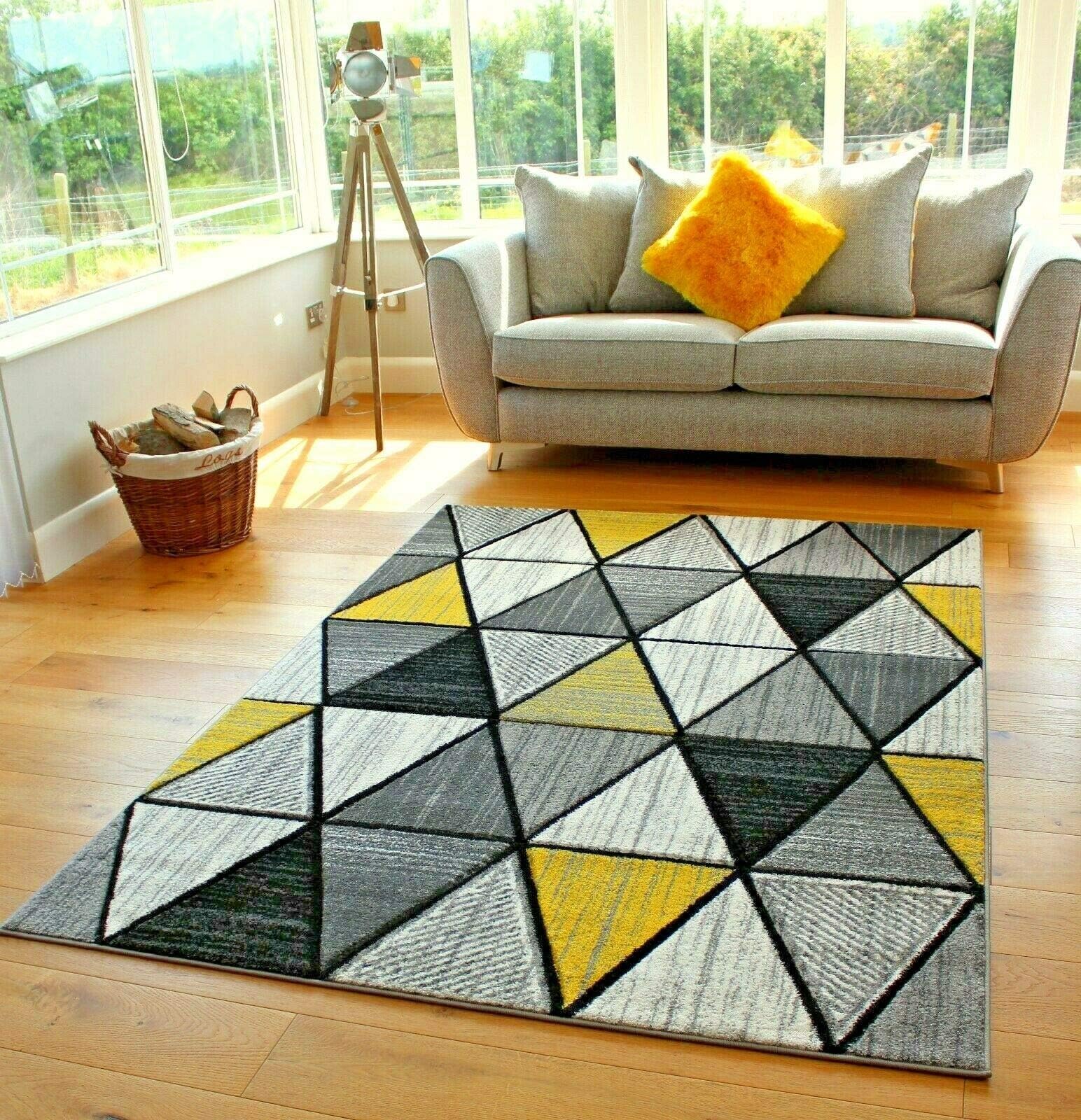 New Modern Triangle Design Thick Soft Bright Yellow Silver Grey White Black Runners Rugs Mats (60x120cm)