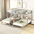 Metal Triple Bunk Bed with Stairs, 3 Beds Bunk Bed, Twin Over Twin & Twin Bunk Bed with Storage Shelves Staircase, for Kids Teens Adults (Silver)