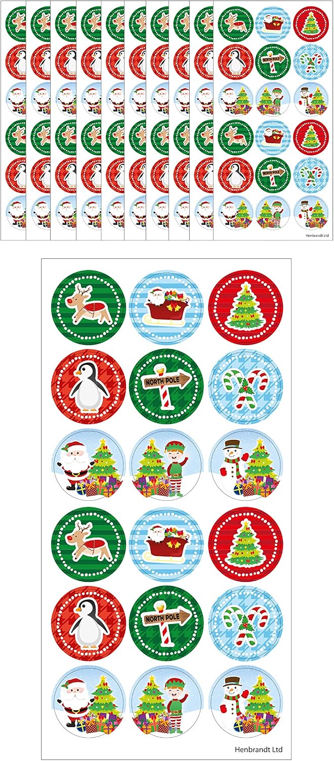 Henbrandt Single Pack of Large Christmas Stickers 2.5cm, 180 Festive Holiday Designs Per Pack