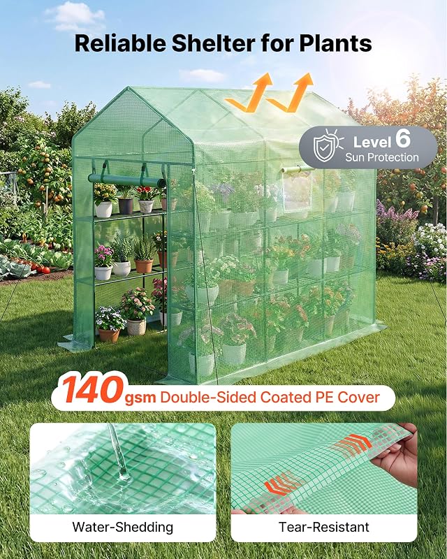 Estufa exterior 137 x 206 x 196 cm, Estufa de jardim com porta enrolável e 2 janelas, prateleiras de 3 níveis, cobertura de PE, viveiro doméstico para plantas, legumes flores, verde