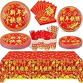 durony 193 Pieces Chinese New Year Supplies Dinnerware Set Disposable Paper Plates Cups Napkins Cutlery Straws and Plastic Tablecloth for Chinese New Year Decorations Party Pack (Serves 24 Guests)