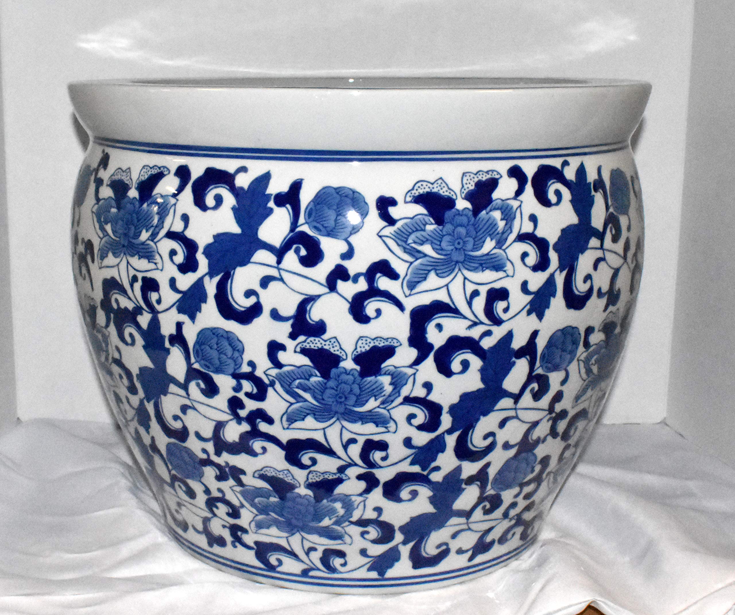 New 16" Oriental Blue and White Asian Flowers Floral Fish Bowl