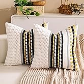 KOOLIFE Boho Chenille Tufted Couch Throw Pillow Covers 18x18 Inch Set of 2 Farmhouse Striped Decorative Pillow Covers Accent Neutral Pillowcase Black Yellow Cushion Cover for Living Room Sofa Bed