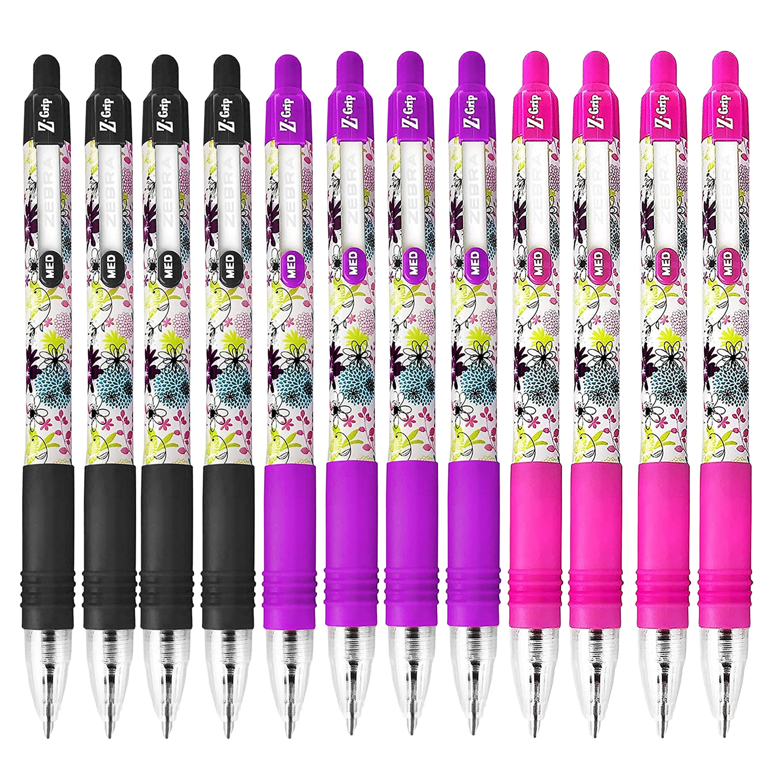 Zebra Z-Grip Funky Brights Retractable Ballpoint Pen - Black, Pink, Violet Floral Barrel - Coloured Ink