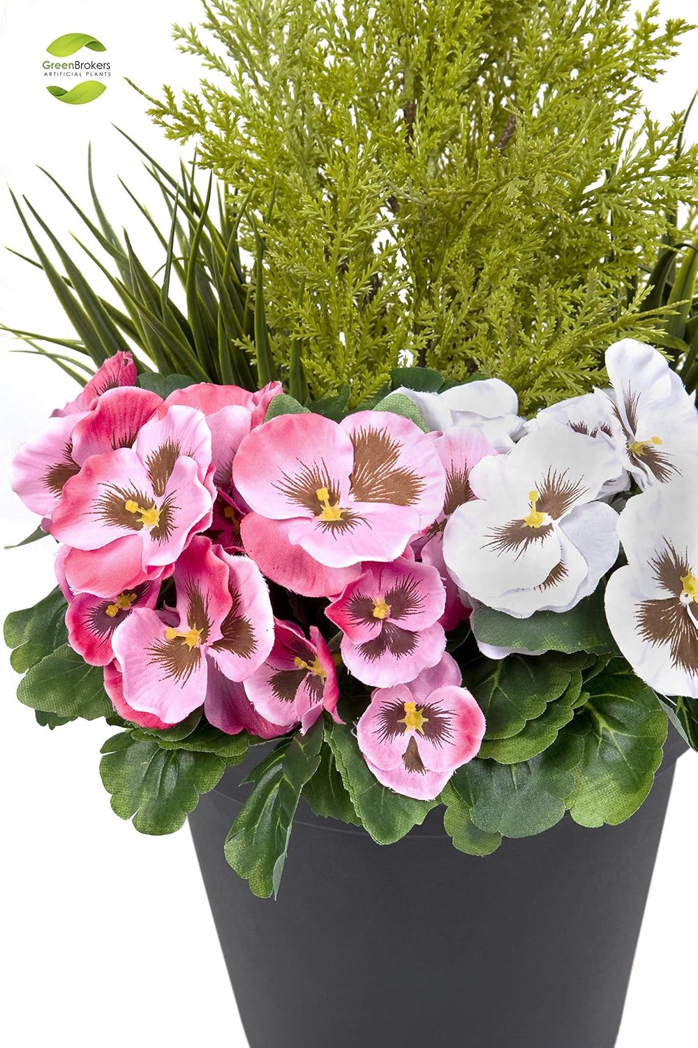 Artificial Pink and White Faux Silk Pansies with Grasses/Conifer Topiary in a Black Pot Patio Planter Ideal for Home Patio - Image 4