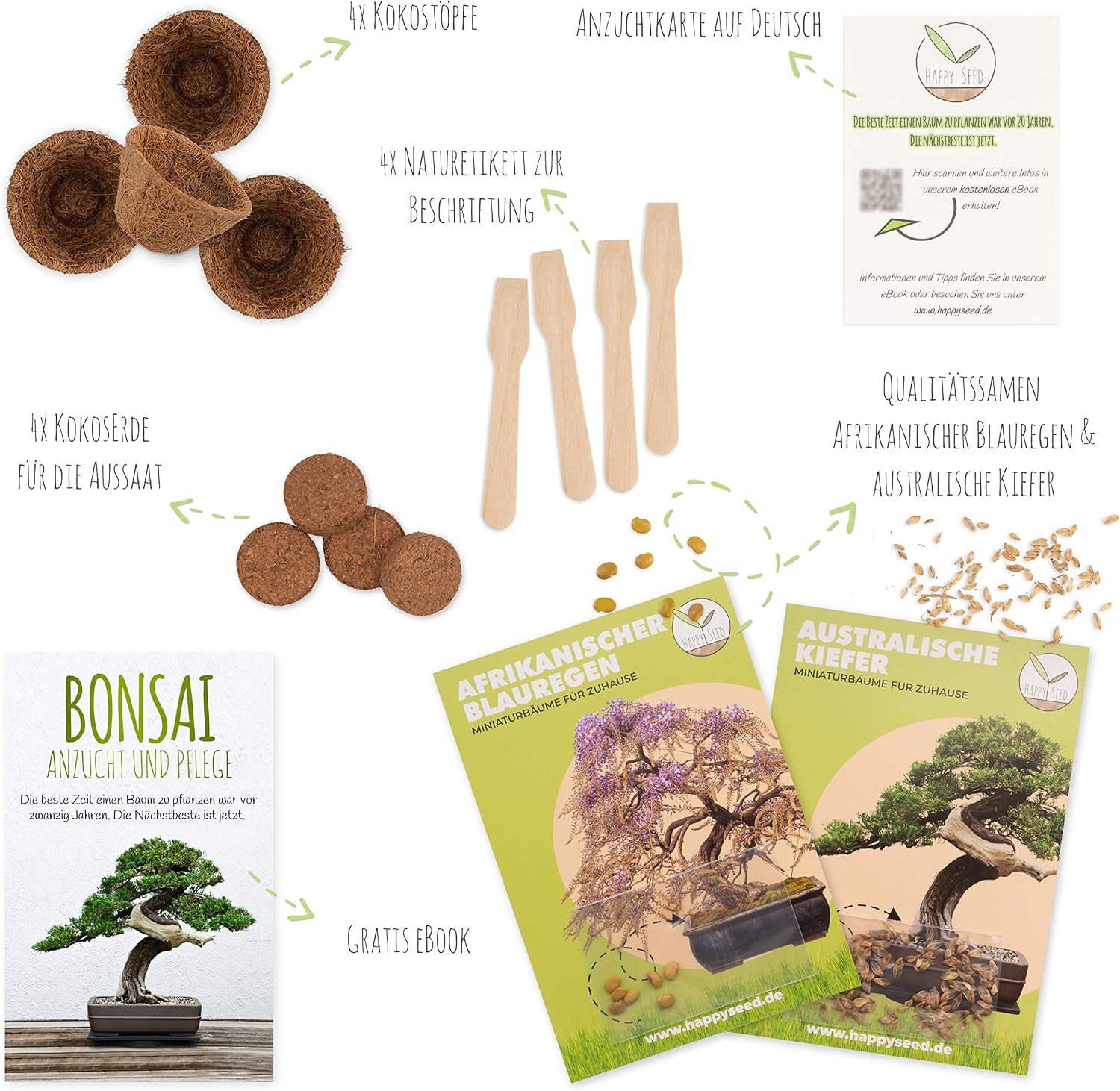 Bonsai Kit incl. eBook GRATUITO - Set con macetas de coco ...