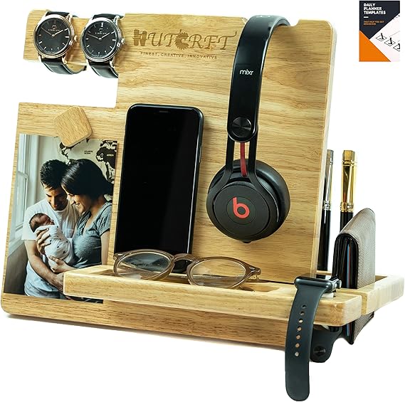 Amazon Com Wutcrft Wood Docking Station Nightstand Organizer With Headphone Stand Smart Watch Charging Slot Photo Holder And Accessory Holder Perfect For Desk Organizer Gifts For Men Light