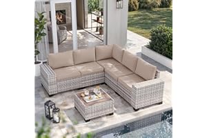 Muphyers 6-Piece Outdoor Patio Furniture Set Wicker Sectional Sofa Set, Patio Conversation Set with Thickened Cushions & Coffee Table for Garden, Backyard, Poolside, Beige
