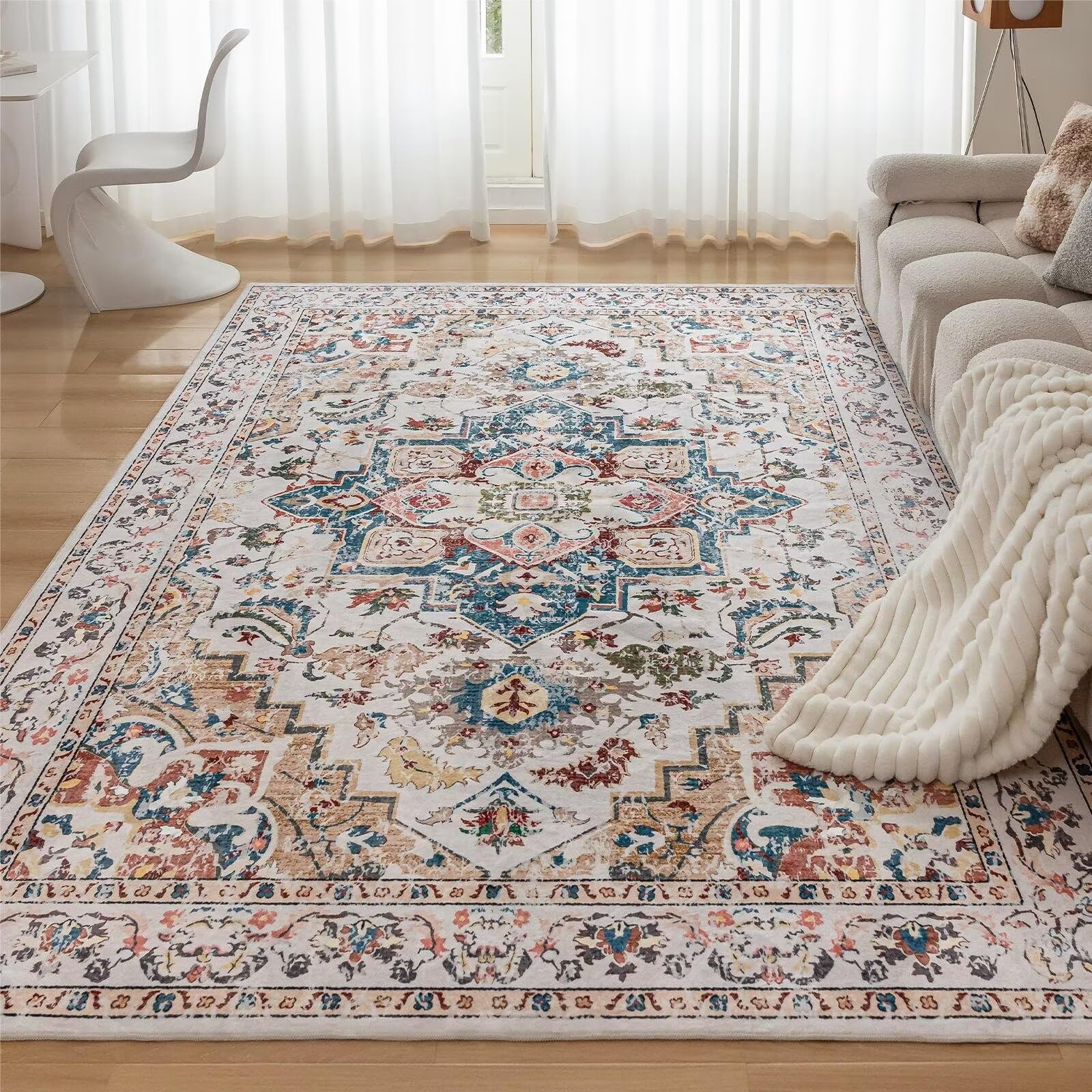 CHOSHOME Washable Rugs Living Room Non Slip Area Rug for Bedroom Machine Washable Rugs Short Pile Large Living Room Rug Vintage Oriental Boho Rug Non Shedding Dense carpet Beige 80x150cm