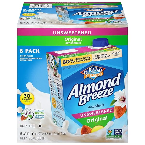 ALMOND BREEZE DAIRY FREE ALMONDMILK UNSWEETENED ORIGINAL 32 OZ BOXES, 6 COUNT