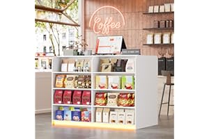 PAKASEPT Reception Desk with Counter for Retail & Checkout,Modern Front Reception Counter with LED Lights,Drawers & Open Shelves,Retail Counter with Storage for Countertop,Beauty Salon,Shop,Bar,White