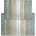 Chardin home Cordural Stripes Bath Mat, Set of 2 Bath Rugs (17 Inches x24 Inches & 21 Inches x34 Inches) | Non Slip Bathroom Rug, Machine Washable, Plush, Highly Absorbent | Bluish Gray- Beige