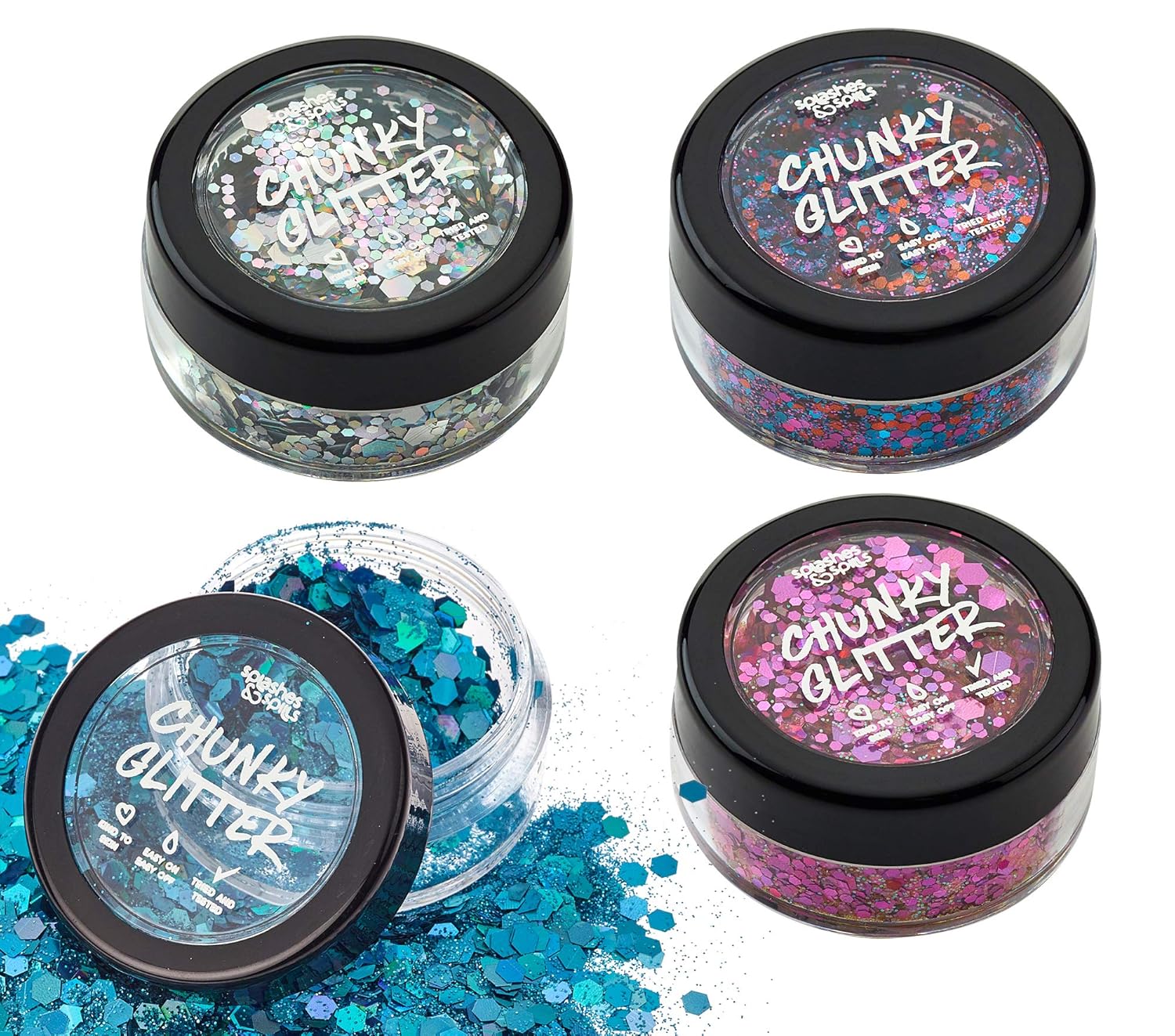 Holographic Chunky Loose Glitter - 5g Containers 4 Color Set with 10ml Fixer Gel for Face, Body, Hair - Great Shimmer Effect for Festival, Concert, Halloween Costume, Party - by Splashes and Spills
