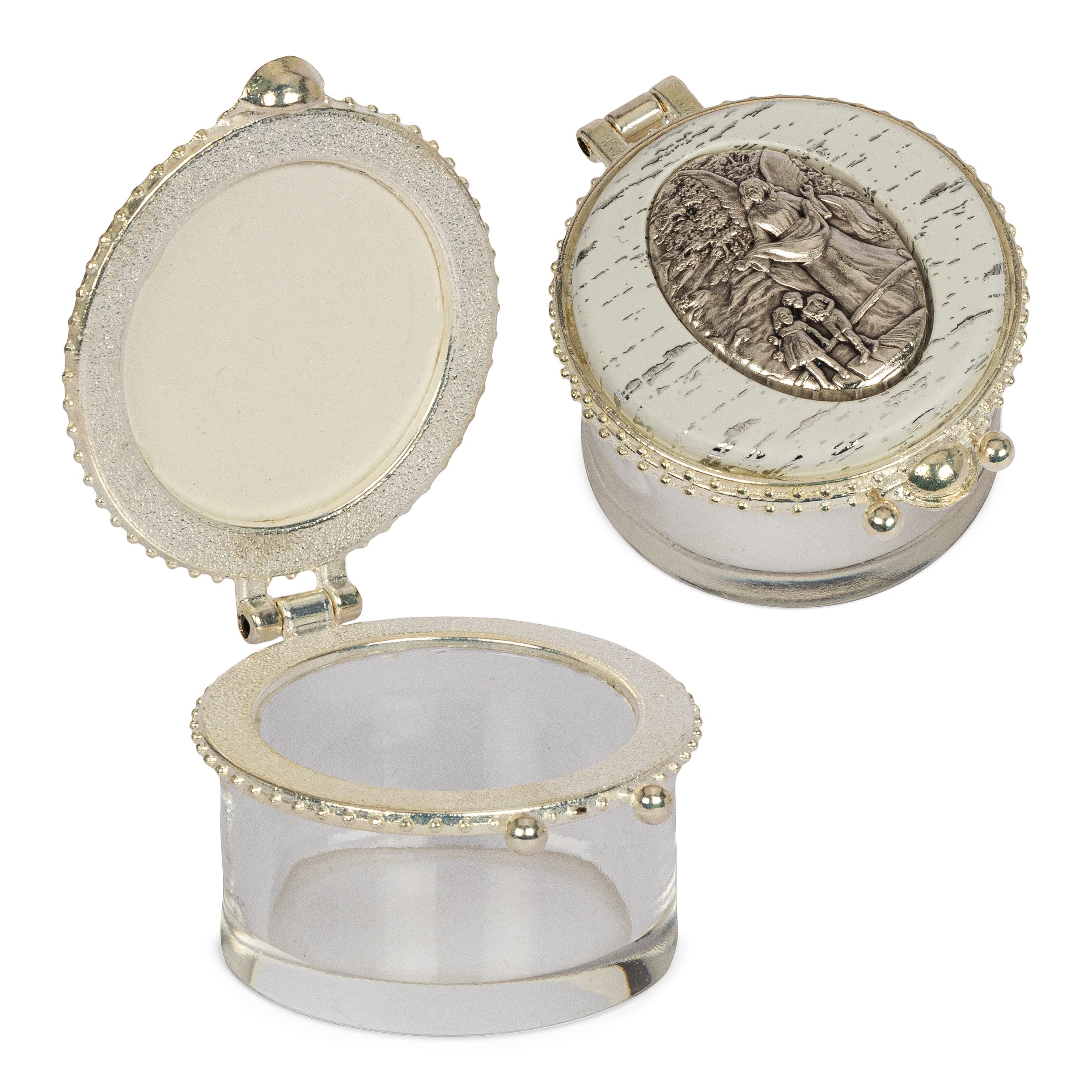 NKlaus Round Rosary Tin glass transparent flap lid pearl white guardian angel 2536