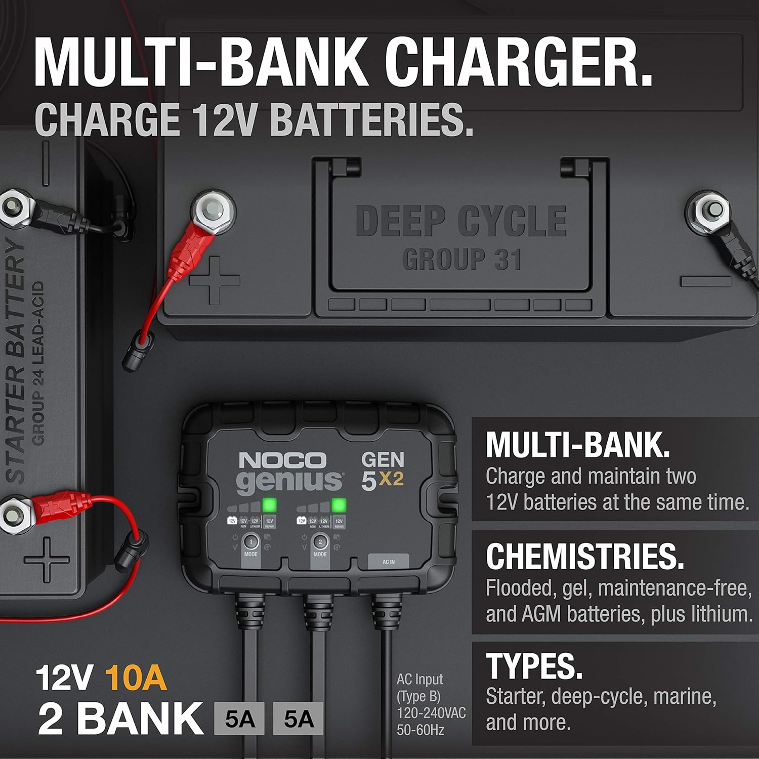 NOCO Genius GEN5X2, 2-Bank, 10-Amp (5-Amp Per Bank) Fully-Automatic Smart Marine Charger, 12V Onboard Battery Charger, Battery Maintainer And Battery Desulfator With Temperature Compensation: Automotive