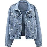 Kedera Women's Oversized Denim Jacket Trendy Lightweight Embroidered Short Rivet Pearls Beaded Jean Coats Fall Outerwear
