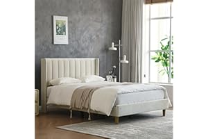 YUHUASHI upholstered Platform Bed Frame/Full Bed Frame/Modern Geometric Double-Wing Design headboard/Velvet Fabric/Easy to As