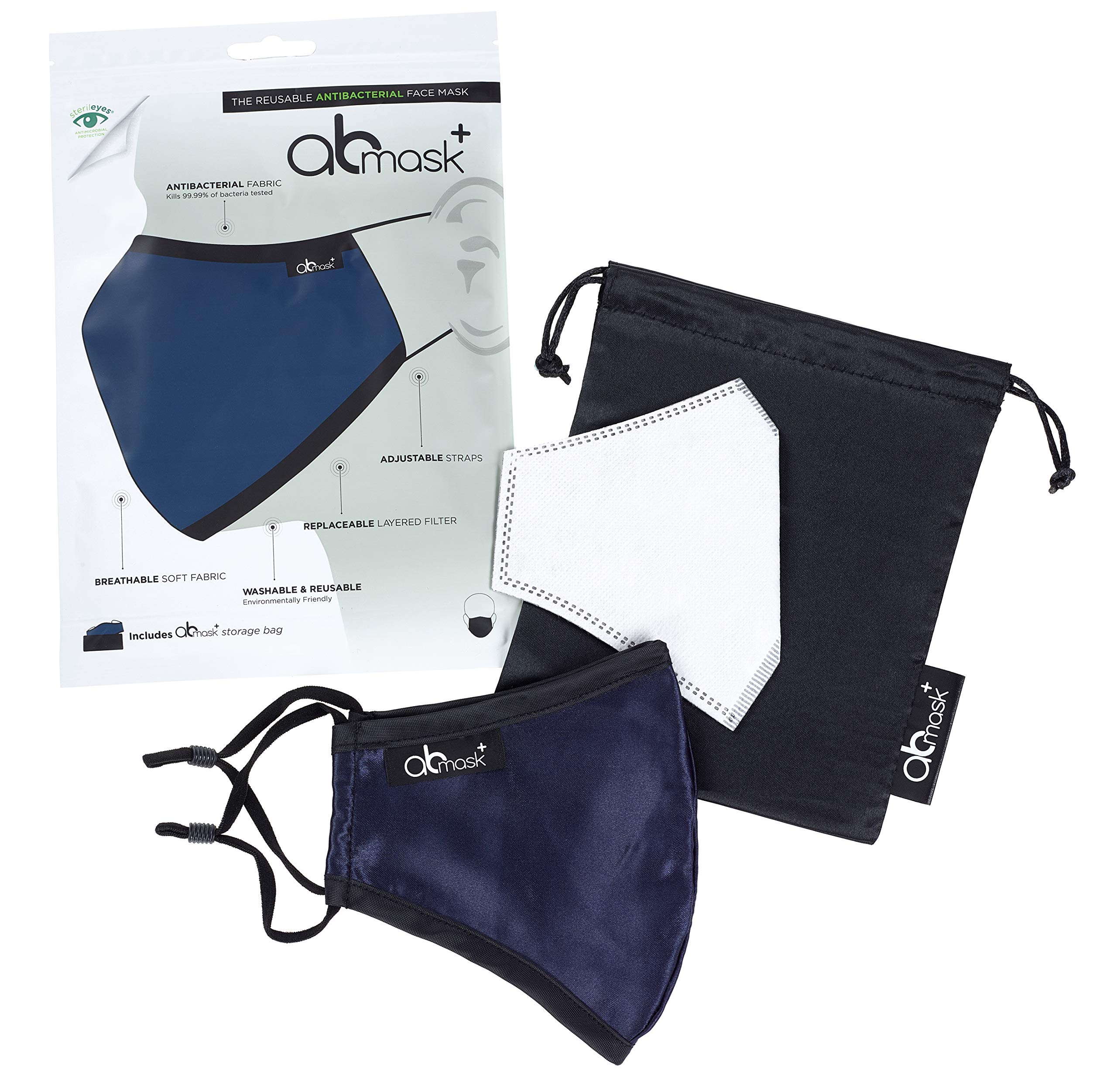 AB Face Masks Washable UK , Reusable for Glasses Wearers, Adjustable Face Mask with Filter, 7 Layers of Protection, Navy Blue Silk with Nose Wire