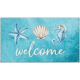 Jvpke Blue Beach Welcome Mat for Front Door, Beach Door Mat, Starfish Seashell Seahorse Beachy Door Mats Indoor Outdoor Entra