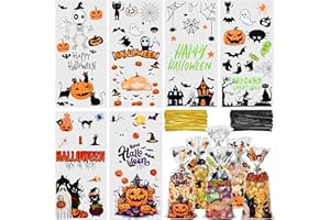 Twavang 150 Pcs Halloween Cellophane Treat Bags, Halloween Trick or Treat Goodie Bags with 170 Pcs Twists for Snacks Cookies Packing (10.8 x 4.9 inches)
