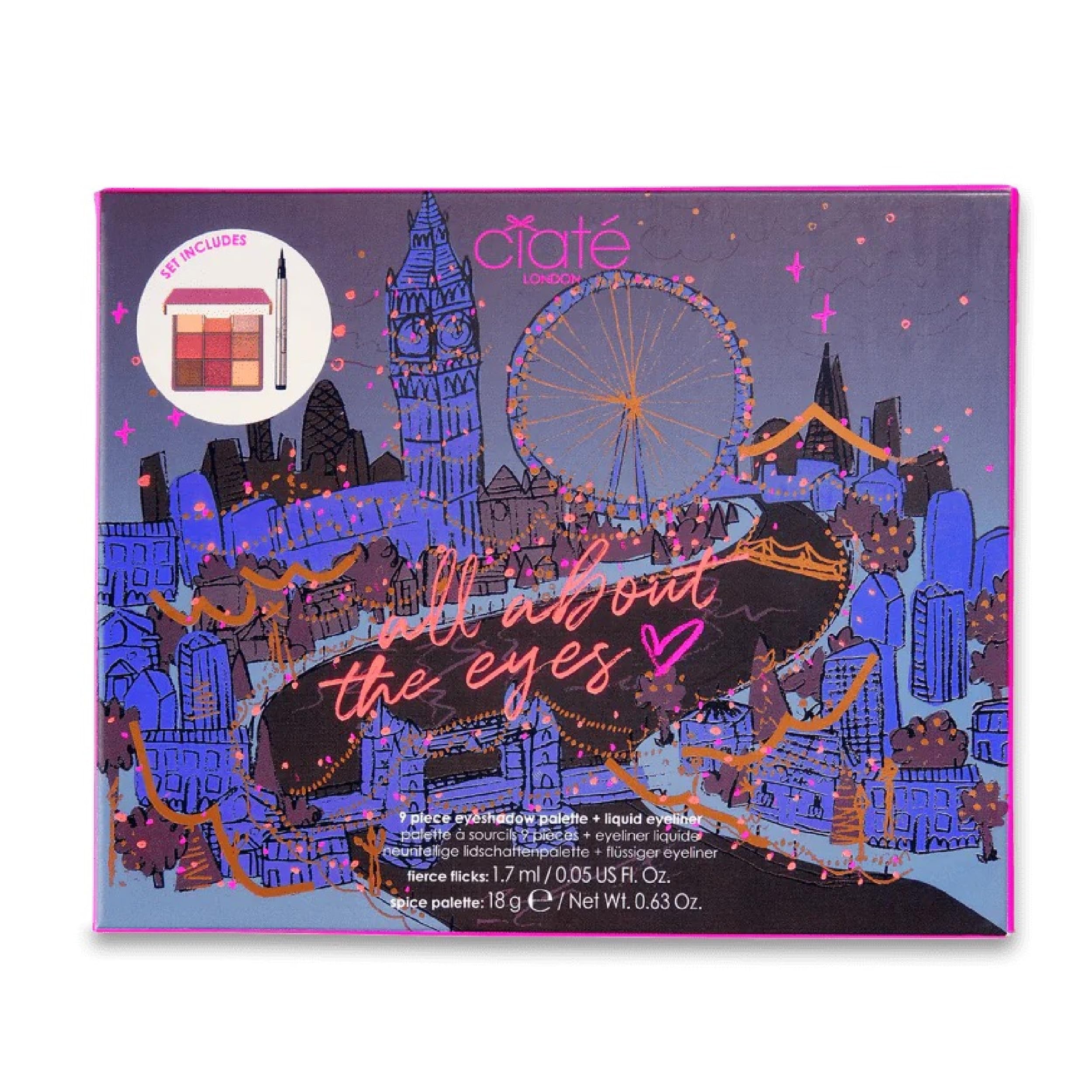 Ciaté London All About the Eyes Kit, Collectable Eye Kit, Contains a 9-Pan Eyeshadow Spice Palette and Fierce Flicks Black Eyeliner, Eye makeup Essential Set, Travel-friendly Duo, Gift Set