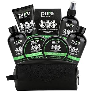 Luxury Skincare Bath Basket for Men. Green Tea & Lemongrass Bath & Body Mens Spa Gift Set in Leather Toiletry Case - Christmas Gift Basket for Dad, Boyfriend, Husband, son! #1 Spa Gift Basket for Men