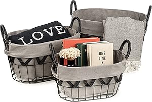 Sorbus Wire Storage Baskets Set Decorative with Removable Fabric Liner, Open Home Décor Farmhouse Metal Storage Bins & Baskets for Organizing Shelves, Living Room, Bathroom, Kitchen, (Oval - White)