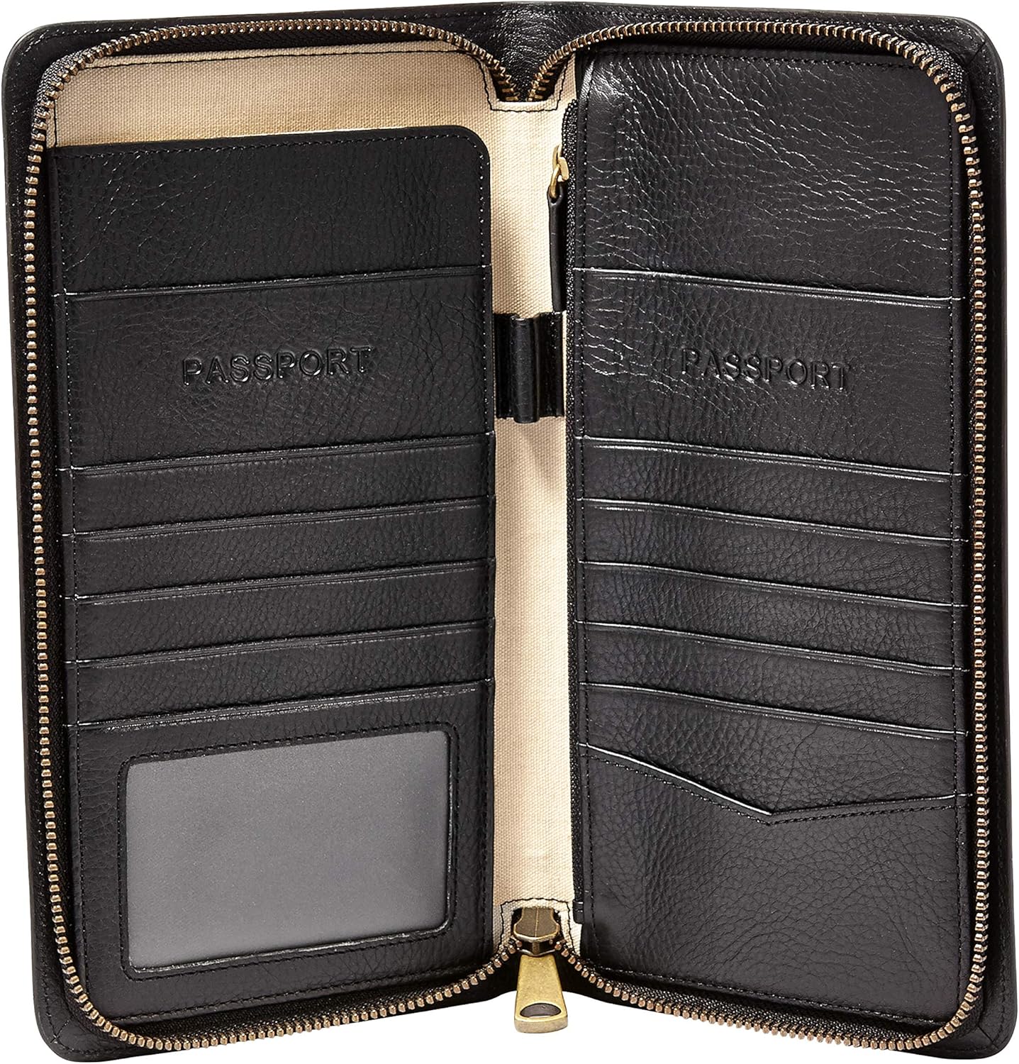 Fossil Men's Leather Multi-Zip Passport Case, Black: Clothing